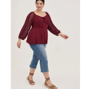 NWOT Torrid Peplum Rayon Crepe Embroidered Sleeve Peasant Top Maroon Burgundy 2x